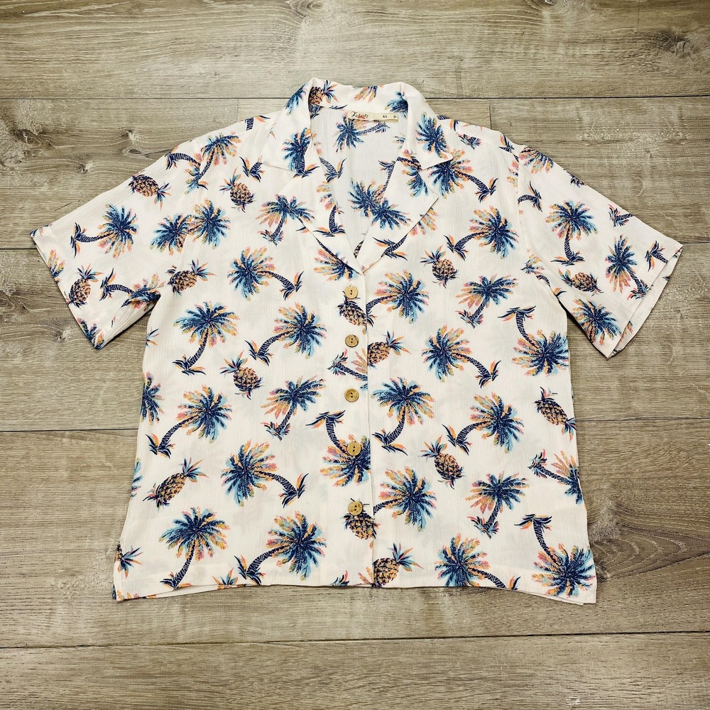 Faherty Shirt Womens XS White Tropical Palm Tree‎ Pineapple Camp Aloha Button